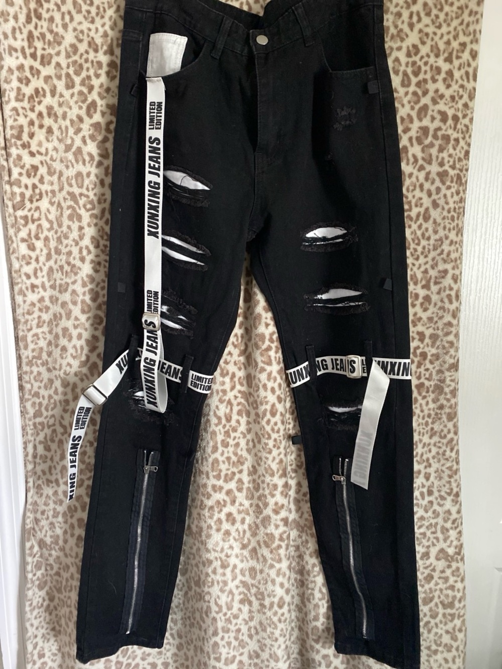 Black Distressed Straight Jeans with White Strap Detailing